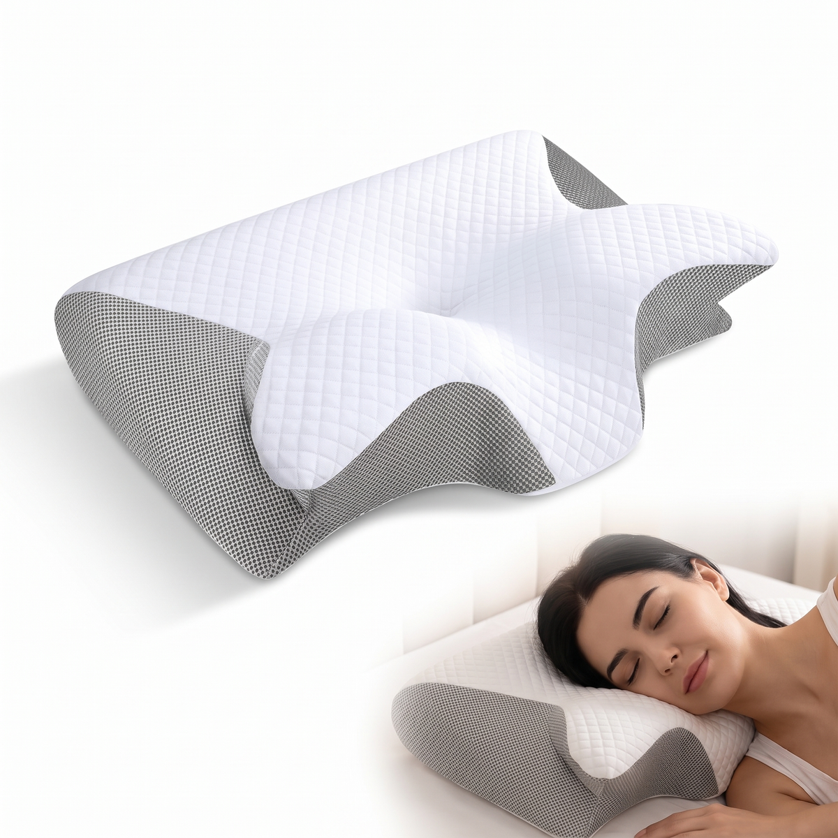 Contoured memory foam pillow supporting the neck
