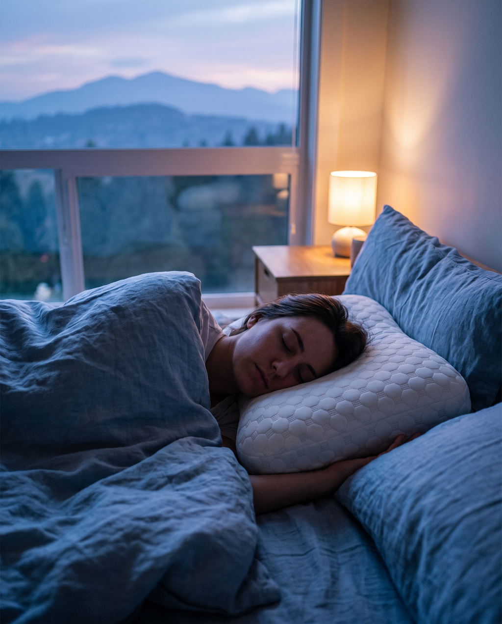 Velmesta Ear Piercing Donut Pillow used while side sleeping near a window at dusk