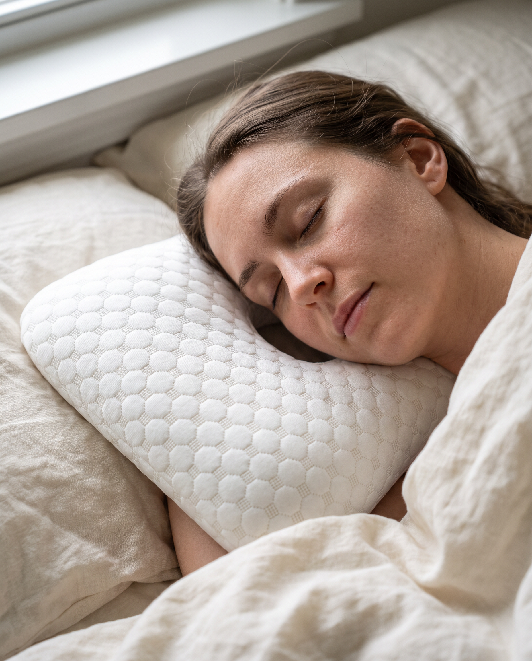 Close view of head resting on the Velmesta Ear Piercing Donut Pillow