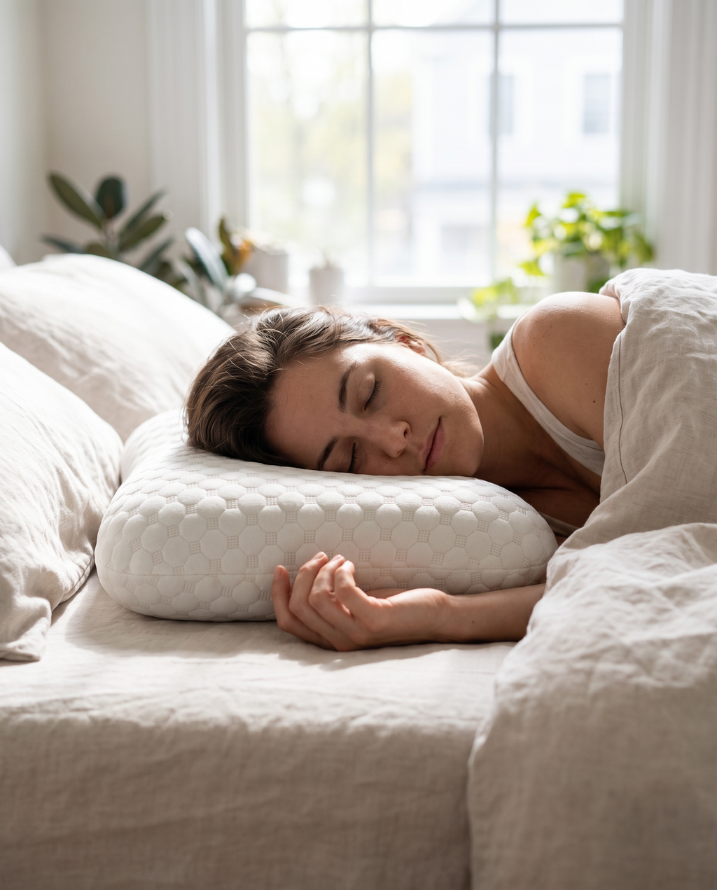 Velmesta Ear Piercing Donut Pillow in a bright bedroom setting