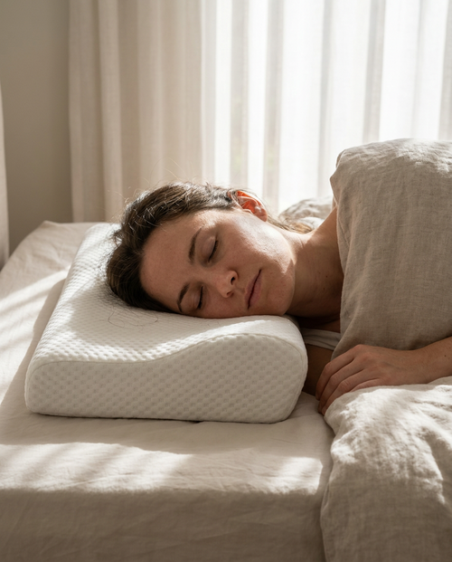 Velmesta OrthoCurve Pillow used while side sleeping in a sunlit bedroom