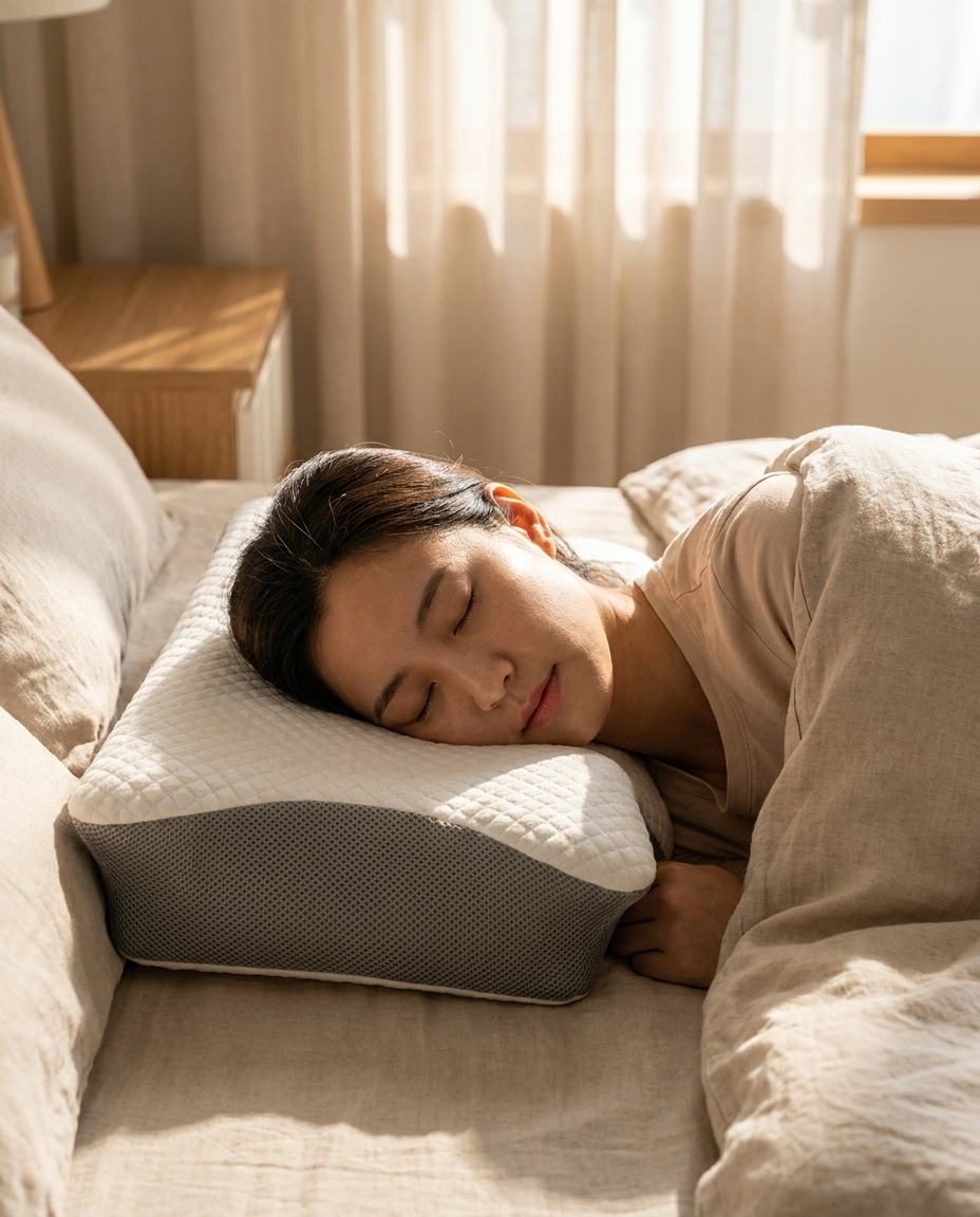 Person side sleeping on Velmesta Wave Contour Pillow