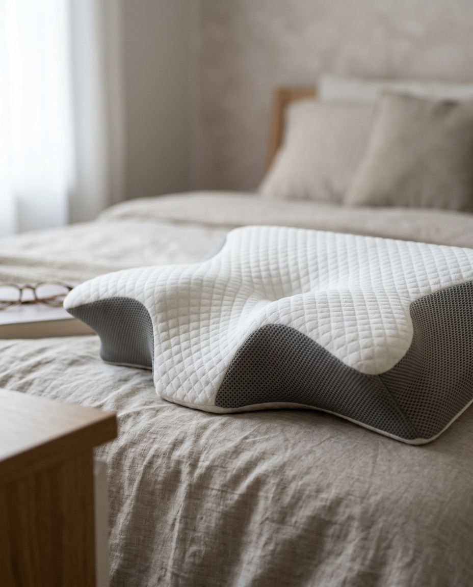 Velmesta Wave Contour Pillow on a made bed close-up