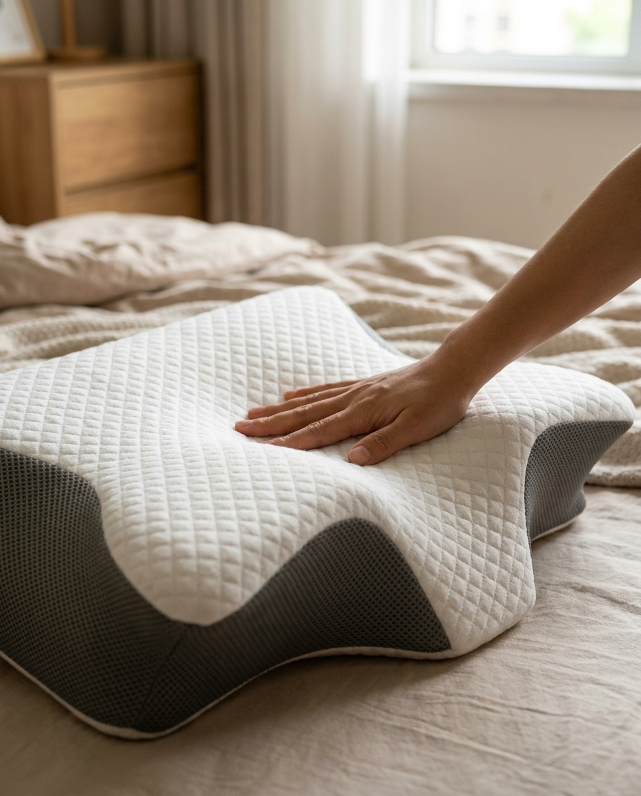 Hand placing Velmesta Wave Contour Pillow on bed
