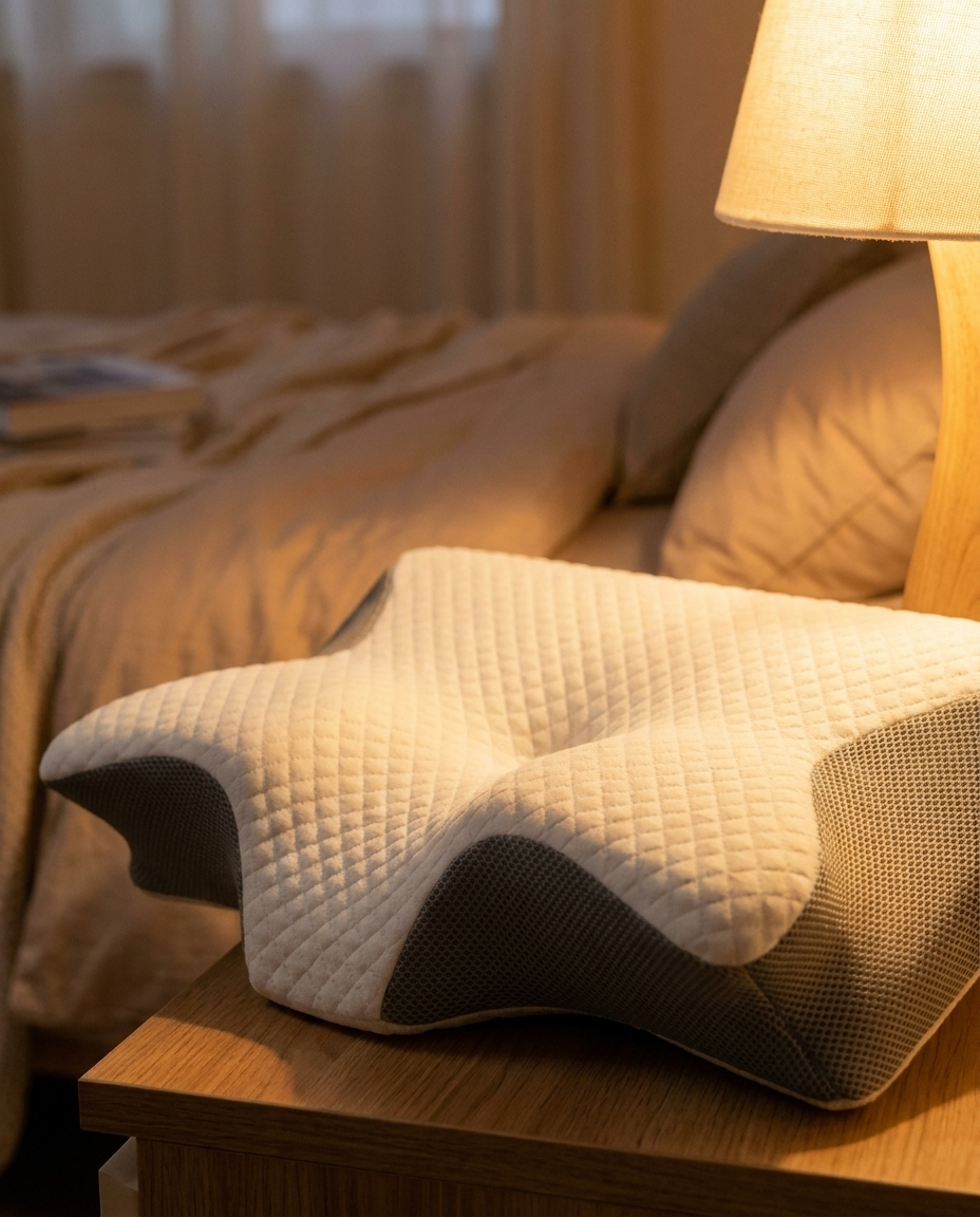 Velmesta Wave Contour Pillow on nightstand at dusk