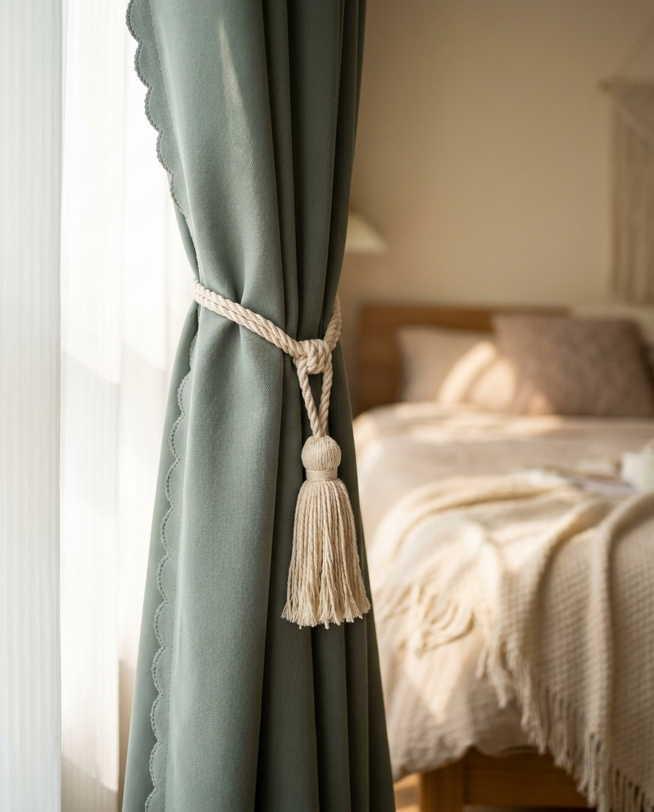 Rope tassel tieback close-up on Velmesta Blackout Curtain
