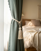 Rope tassel tieback close-up on Velmesta Blackout Curtain