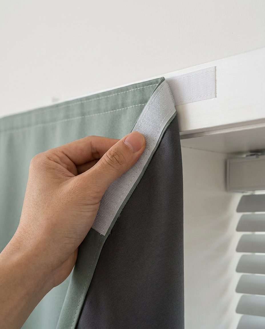 Hand installing Velmesta Blackout Curtain adhesive strip
