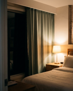 Velmesta Self-Adhesive Blackout Curtain blocking light at dusk