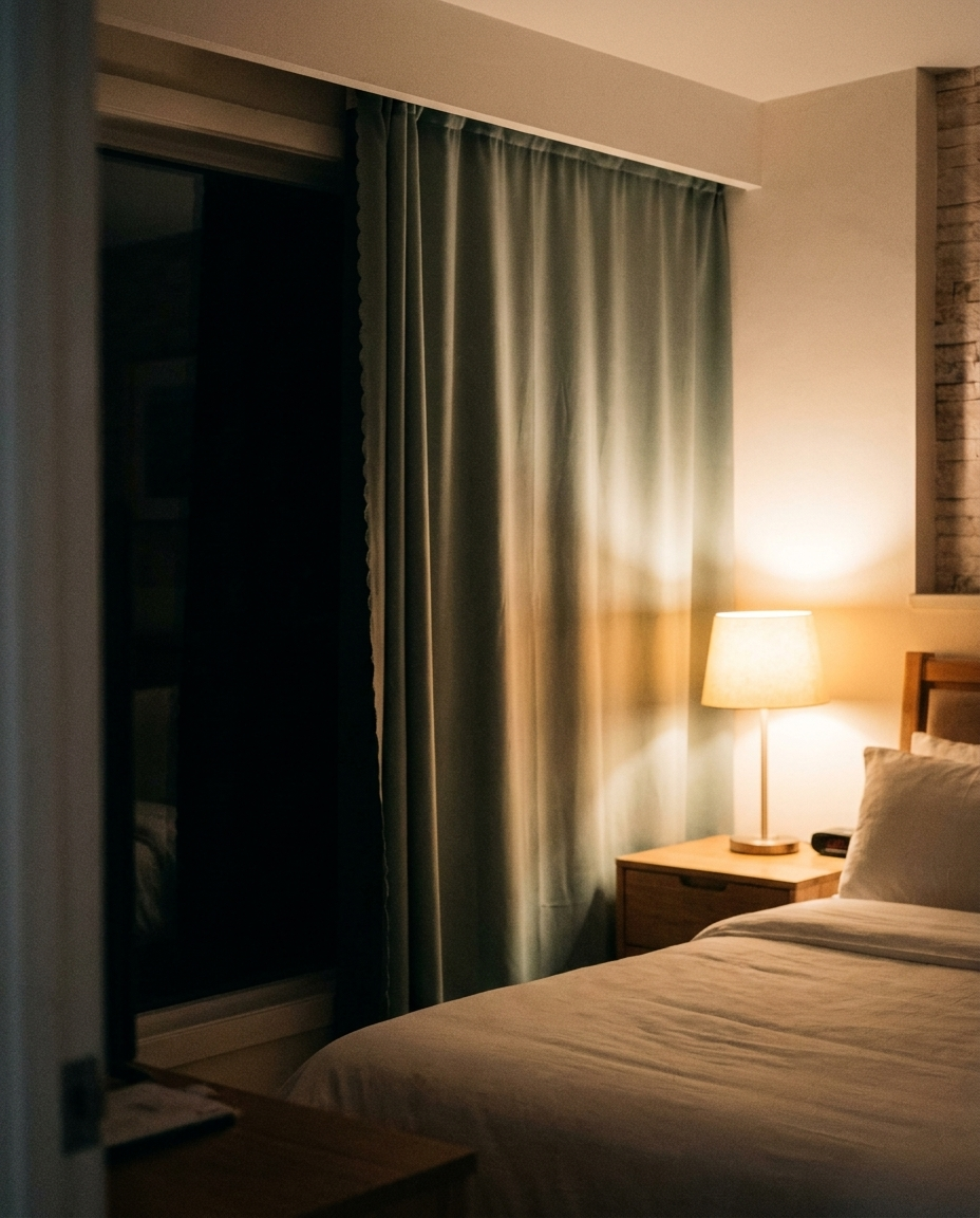 Velmesta Self-Adhesive Blackout Curtain blocking light at dusk