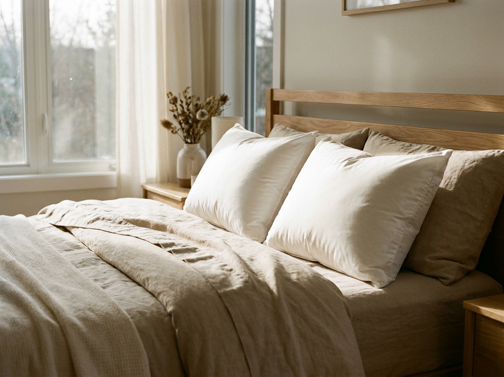 Velmesta Cloud Down Pillows styled on a sunlit made bed