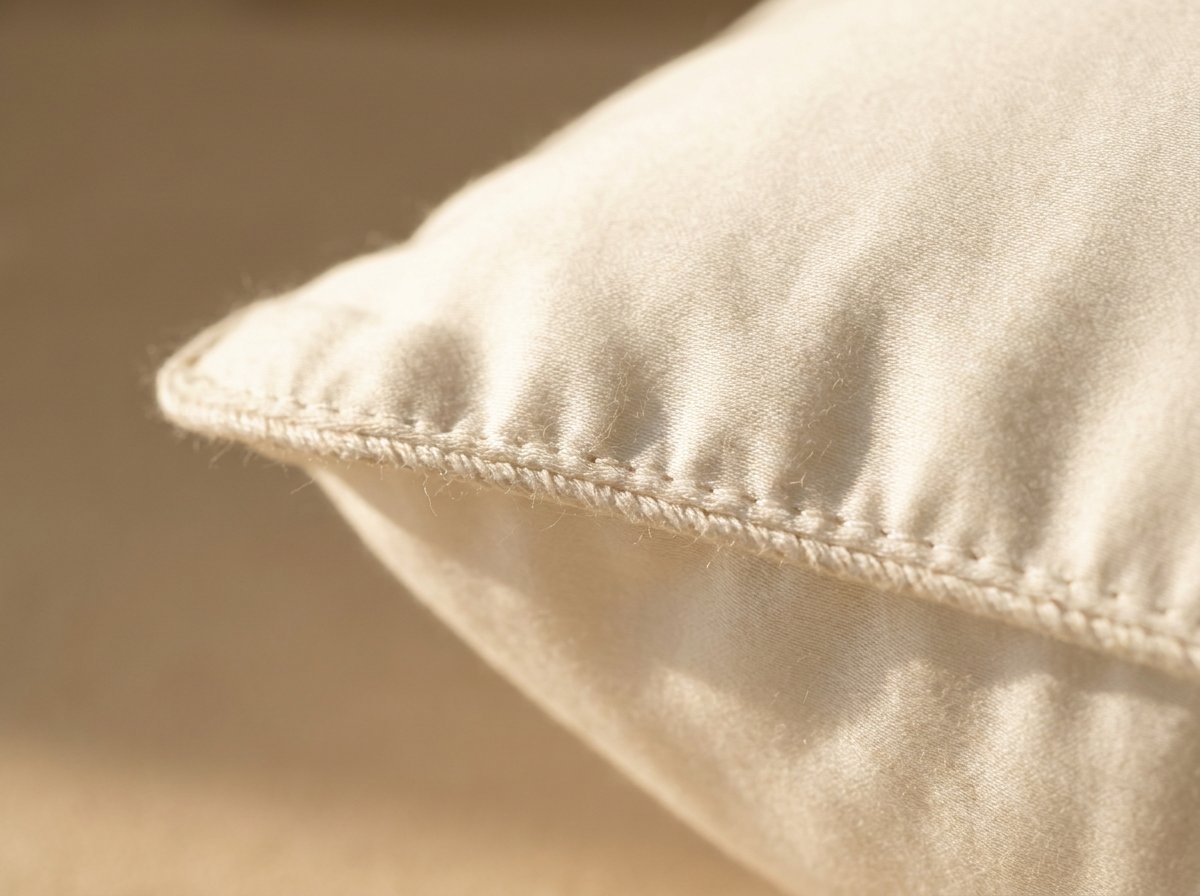 Close-up of the double-stitched cotton sateen seam on the Velmesta Cloud Down Pillow