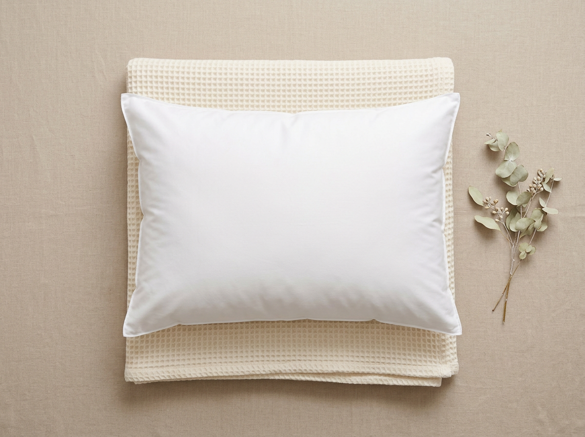 Overhead flat lay of the Velmesta Cloud Down Pillow with a folded blanket