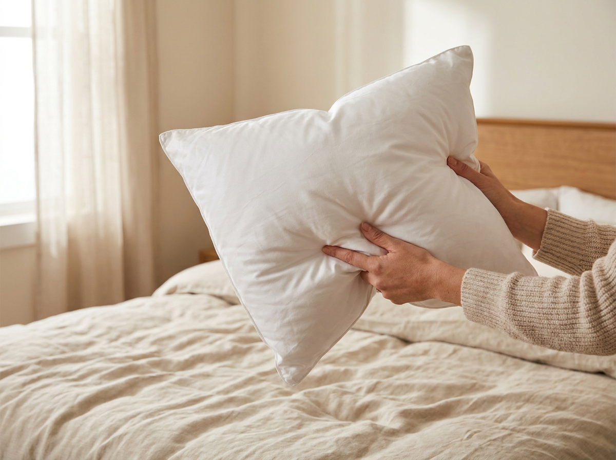 Hands fluffing the plush Velmesta Cloud Down Pillow