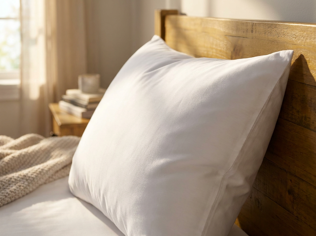 Close-up of the Velmesta Cloud Down Pillow's cotton sateen sheen in morning light