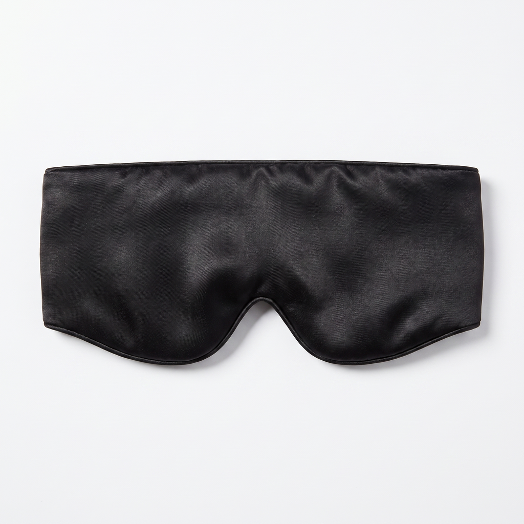 Velmesta Silk Sleep Mask studio product shot, black silk-satin wraparound band