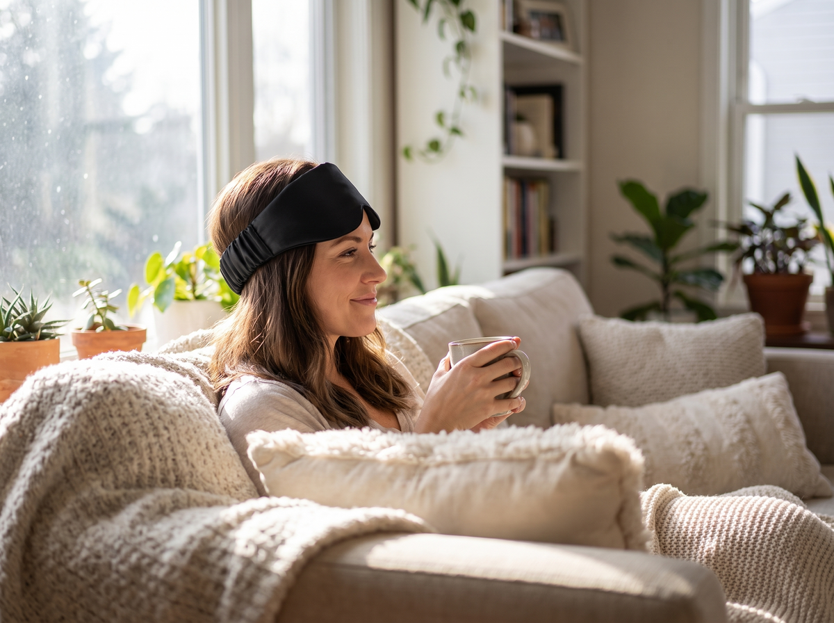 Woman relaxing on a couch wearing the Velmesta Silk Sleep Mask on her forehead