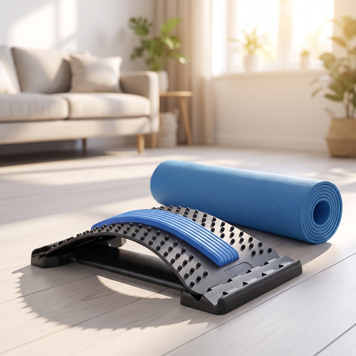 Velmesta adjustable multi-level back stretcher in black and blue on a wood floor