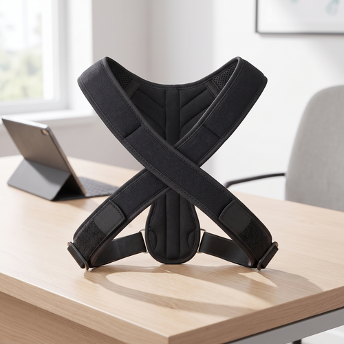 Velmesta adjustable posture corrector with crossed padded shoulder straps and back plate, on a desk