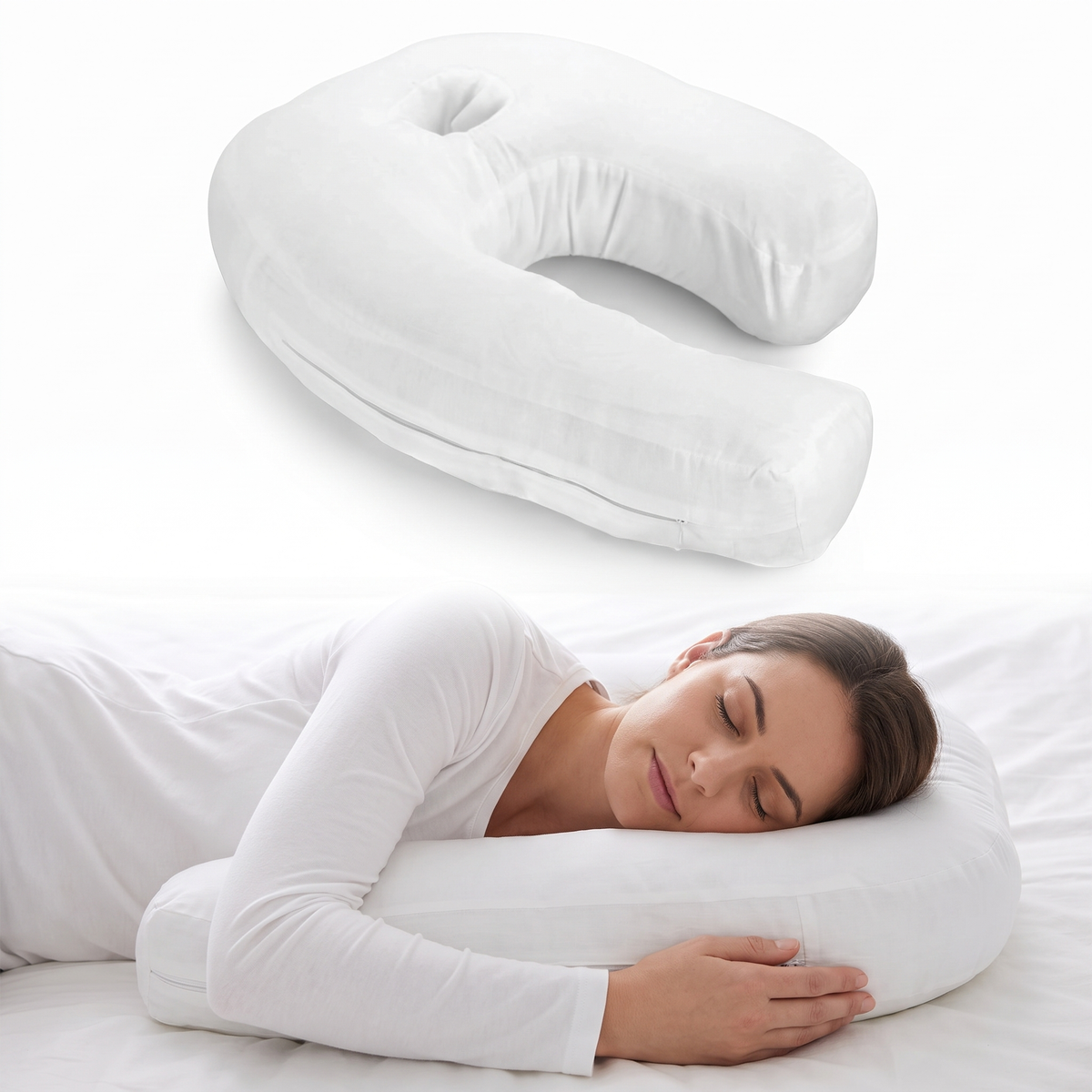 Velmesta U-shape contour side sleeper pillow in white with ear recess, shown with a woman side sleeping on it