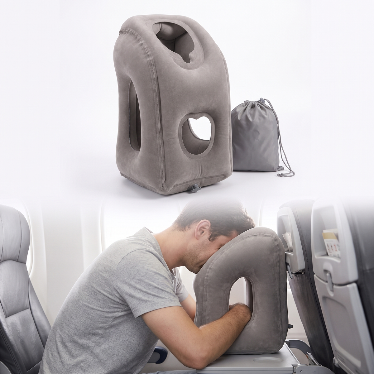 Velmesta inflatable travel headrest in grey with top face opening and front arm hole, shown in use on a plane