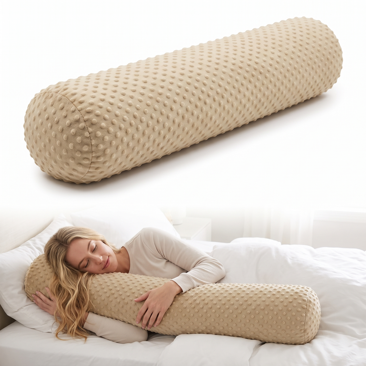 Velmesta full length body pillow in khaki bubble-dot minky, shown hugged in bed