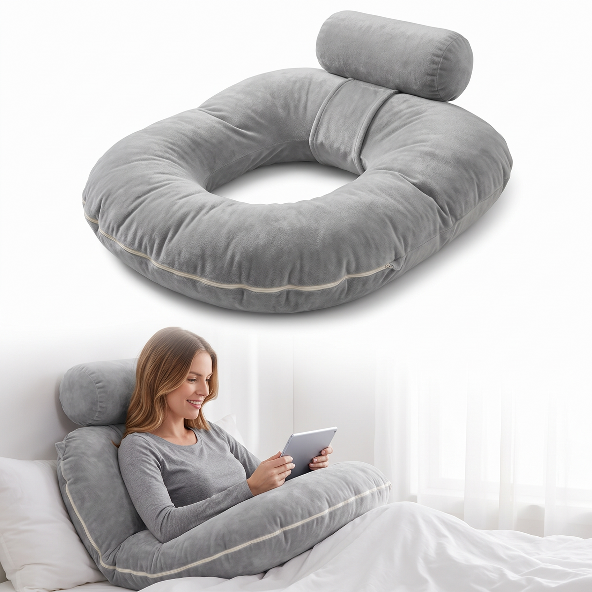 Velmesta multi-functional U-shaped reading pillow in grey velour with headrest roll, shown in use in bed