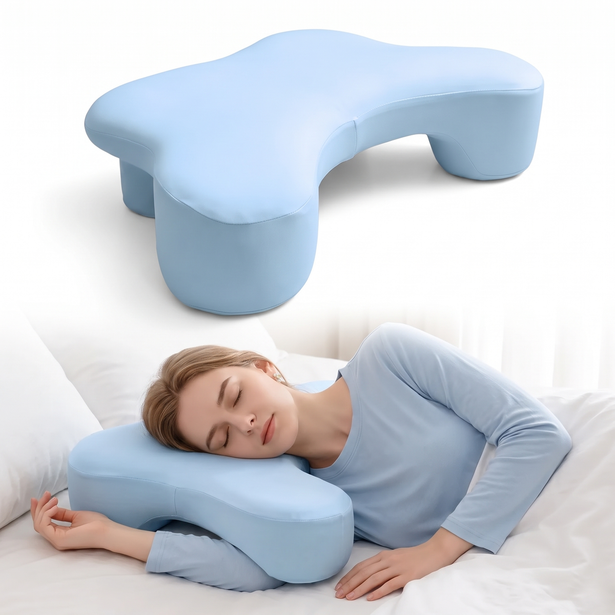 Velmesta upright arm support side sleeper pillow in light blue with arm slot, shown in use