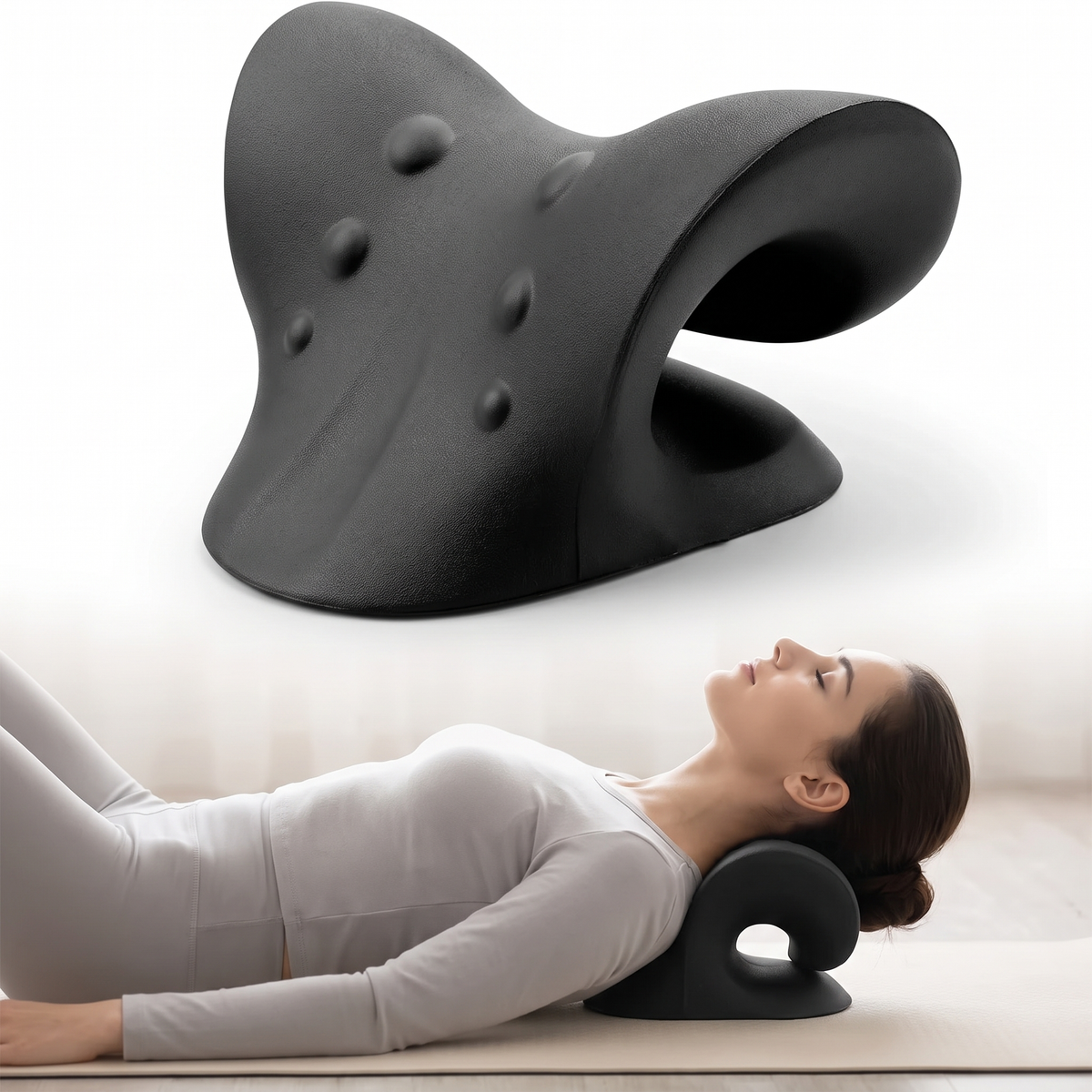 Velmesta C-shaped cervical neck stretcher in black with acupressure nubs, shown in use