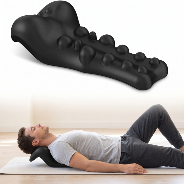 Velmesta contoured stretcher massage pillow in black with massage nubs, shown in use on a yoga mat