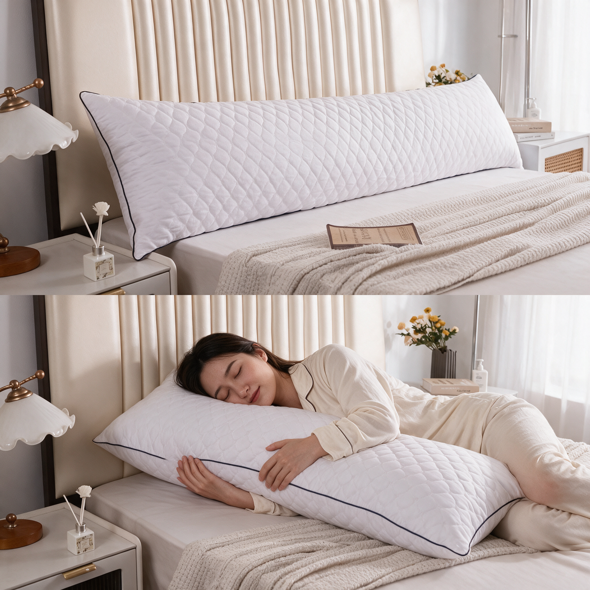 Quilted body pillow on a bed and in use