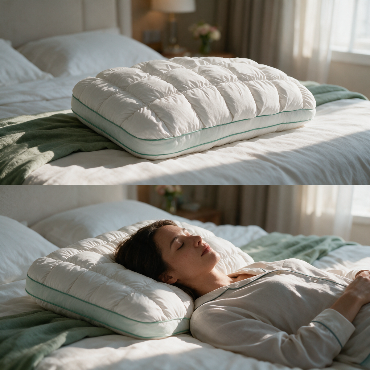 Rebound puff quilted pillow on a bed and in use