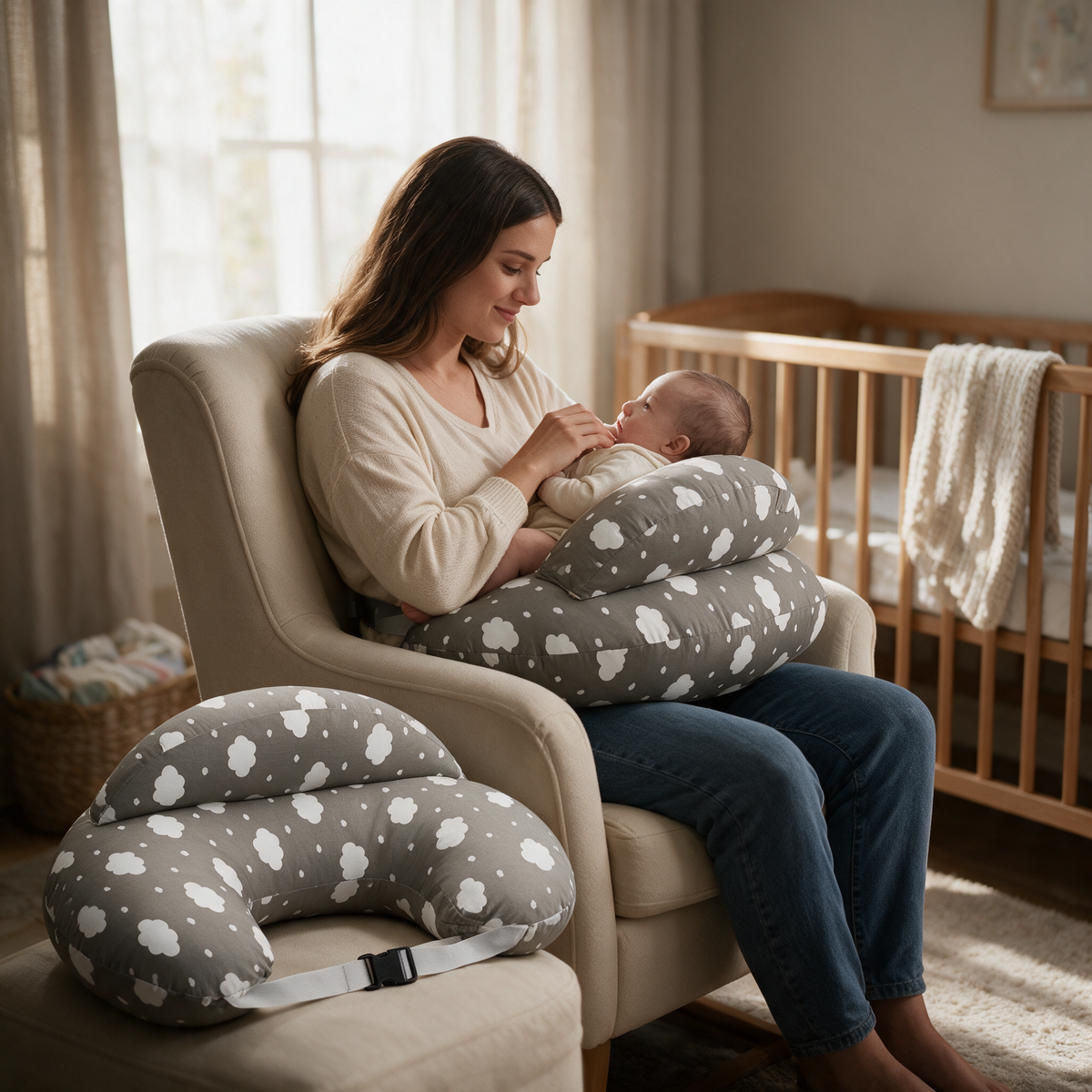 Grey cloud print nursing support pillow in use in a nursery