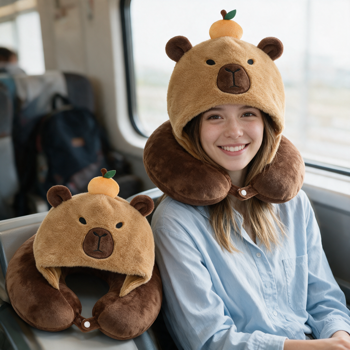Capybara hooded plush travel pillow worn on a train