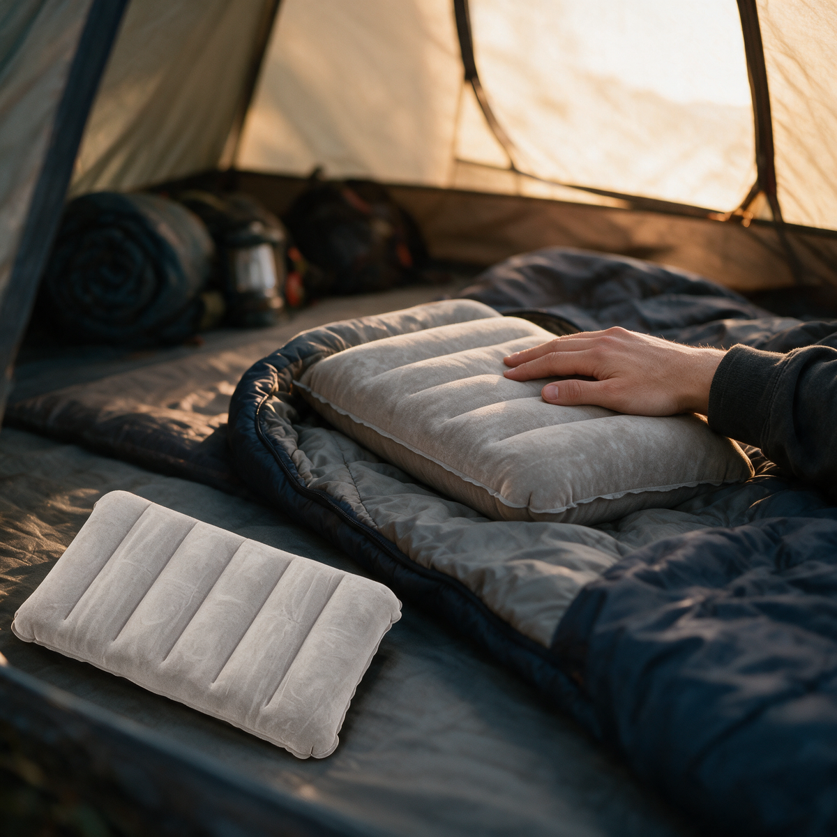 Grey inflatable camping travel pillow in a tent