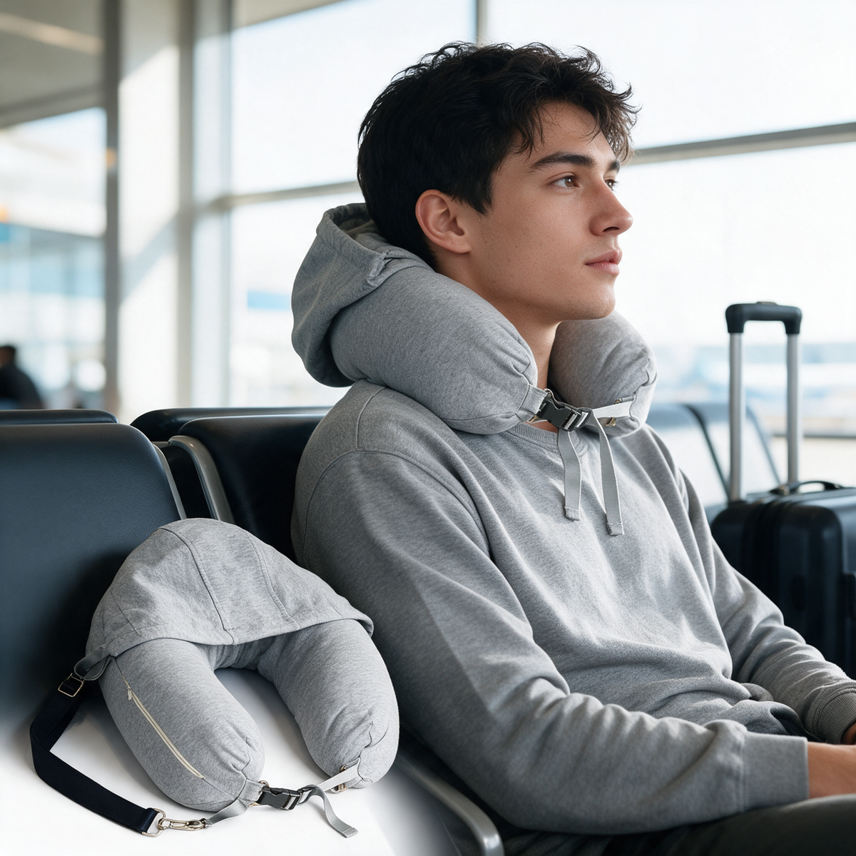 Grey stuffable hooded travel pillow with shoulder strap