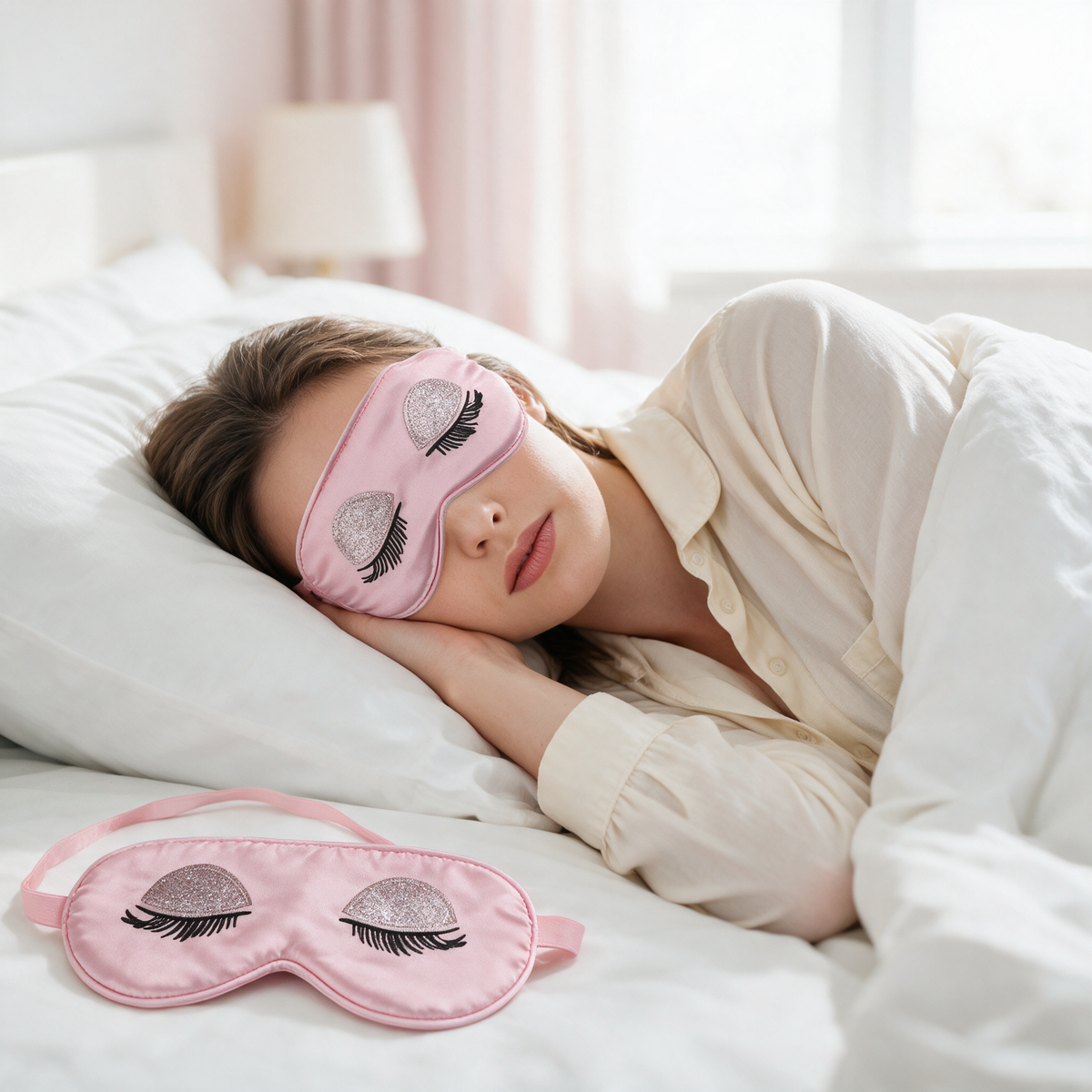 Pink plush sleep mask with lash print worn in bed
