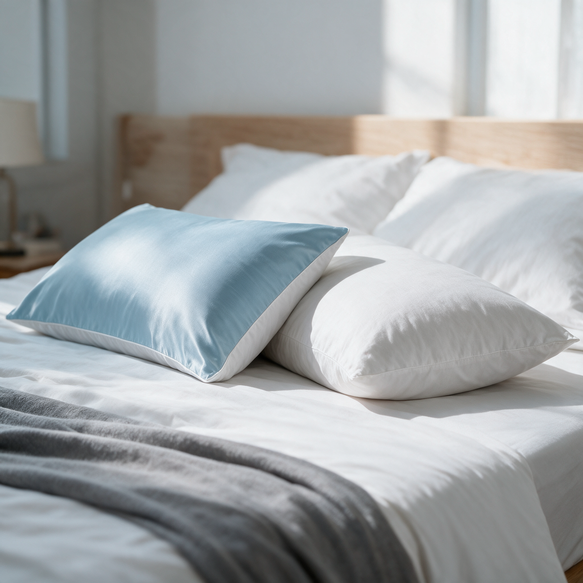 Reversible pillowcase showing cool blue side and white cotton side