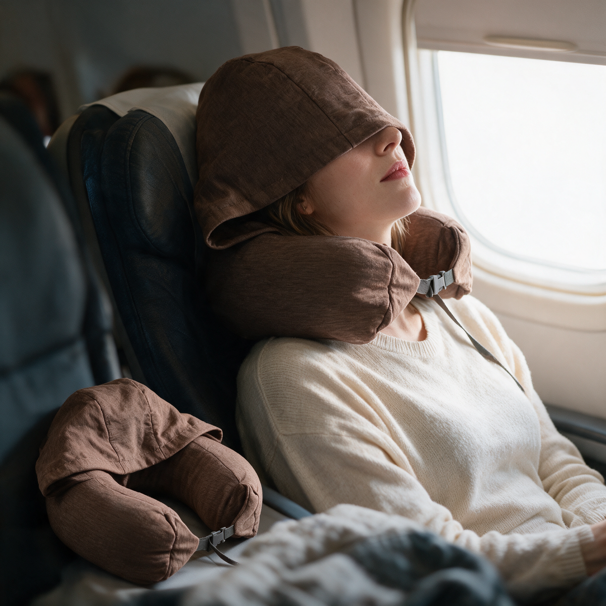 Brown hooded U-shaped travel pillow worn on a flight