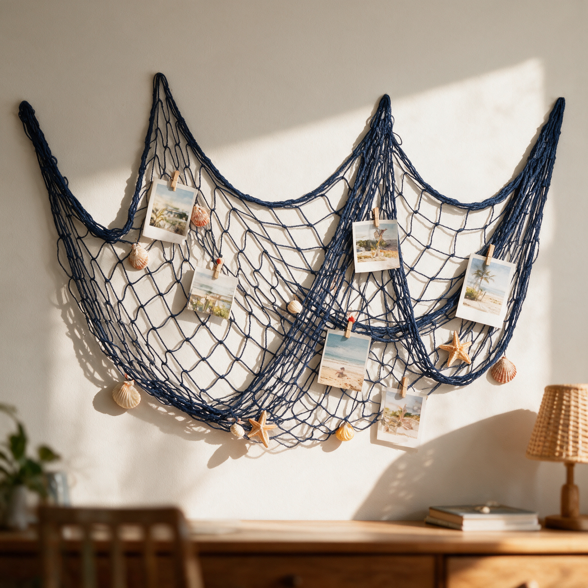 Navy handwoven fishing net wall decor with shells and photos