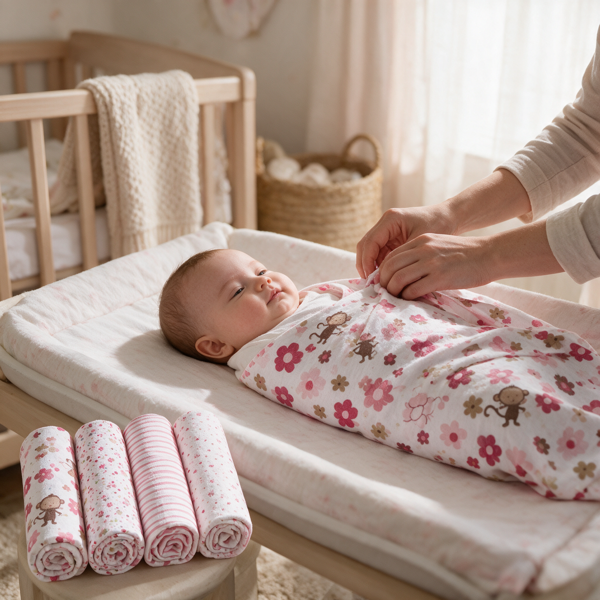 Pink cotton flannel baby swaddle blanket set of four