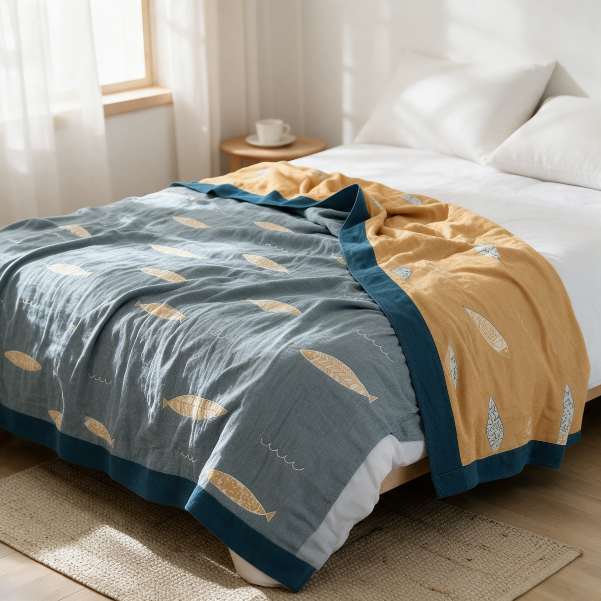 Blue fish print muslin throw blanket with mustard reverse