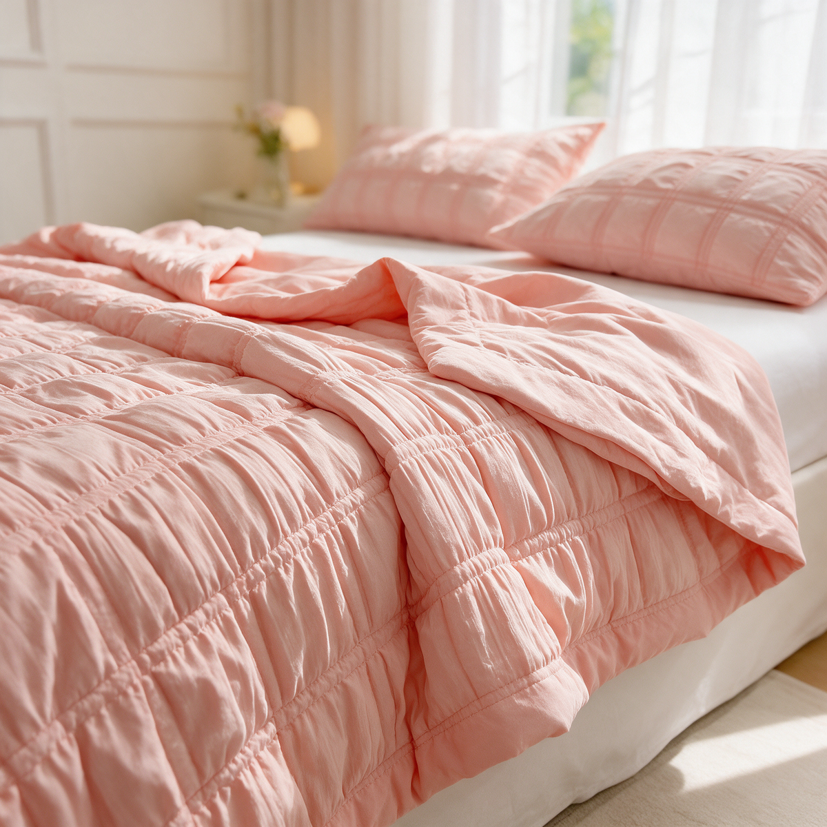 Peach pink seersucker quilt on a made bed