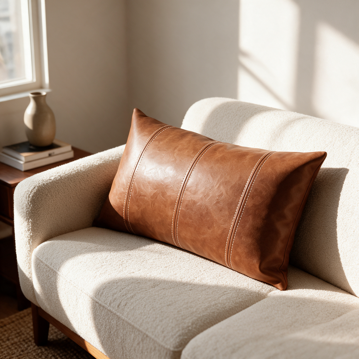 Tan faux leather lumbar pillow cover on a cream sofa