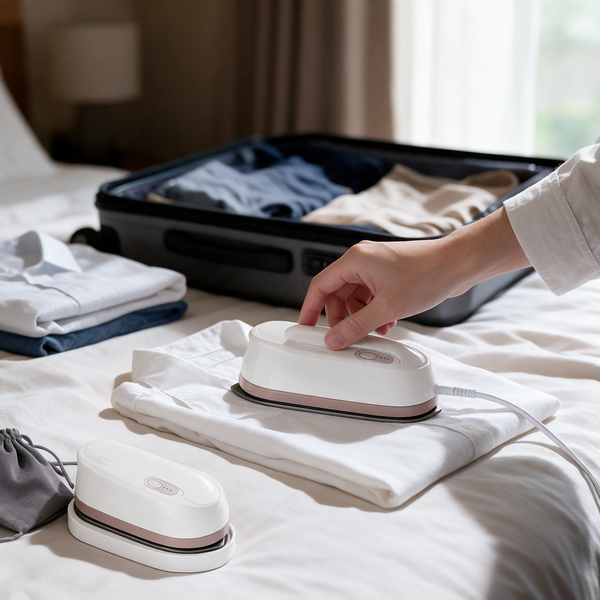 Compact white mini travel iron pressing a shirt