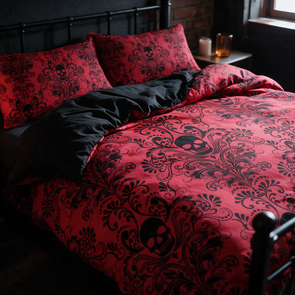 Red and black gothic skull damask duvet set