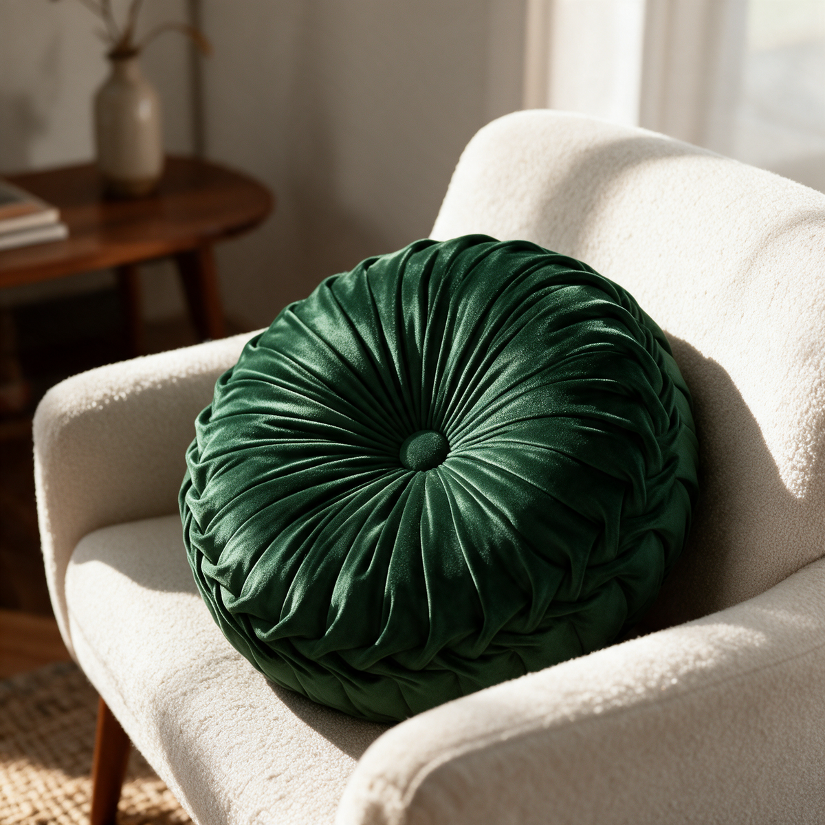 Green pleated velvet pumpkin throw cushion on a cream armchair