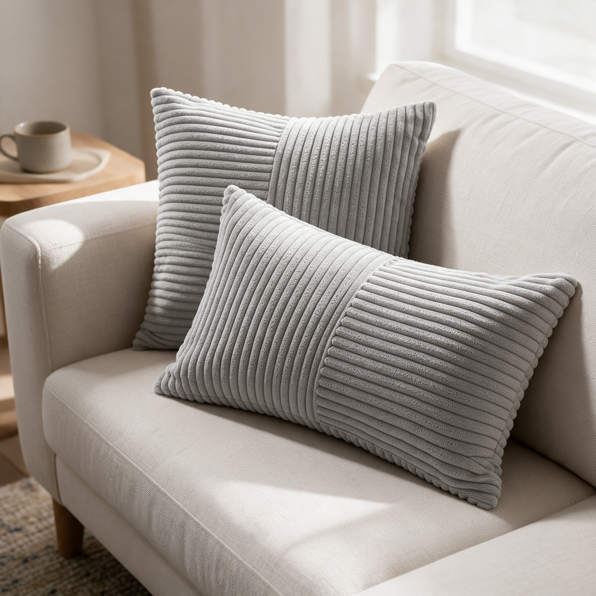 Grey wide-wale corduroy lumbar cushions on a linen sofa