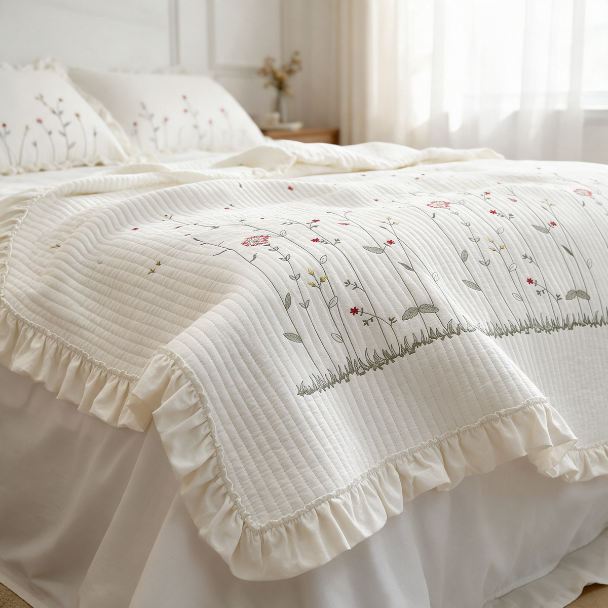 Cream ruffled quilt with embroidered wildflowers