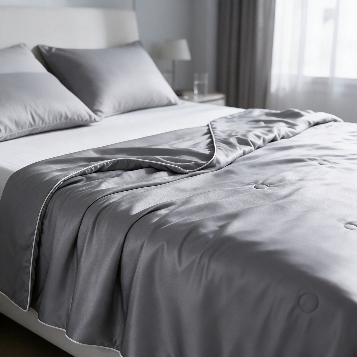 Lightweight grey summer comforter with white edge binding